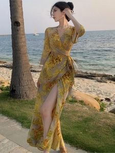 Robes décontractées 2023 été femmes jaune Style français imprimé fleuri Wrap longue robe Vintage vacances Elegante soirée Vestidos De Noite