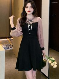 Casual jurken 2023 Sweet Black Mini Dress Leer Fashion Bow Ruffles Long Sleeve Koreaanse chic elegante A-lijn feestvestidos