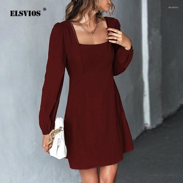 Vestidos casuales 2023 Producto de moda elegante y hermoso vestido de mujer cuello cuadrado cintura una línea falda empalmada encaje manga larga femenina