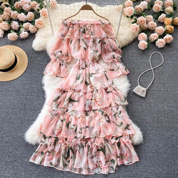 Vestidos casuales 2023 Tulip Flower Vestido Mujeres fuera del hombro Manga de bengala Cebrada Ruffles Pink Pasting Party Long Vestidos