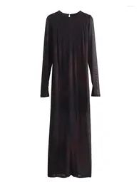 Robes décontractées 2023 Tulle Midi Robe Femme Imprimer Automne Maille Longue Pour Femmes Voir À Travers Manches Fête Élégante