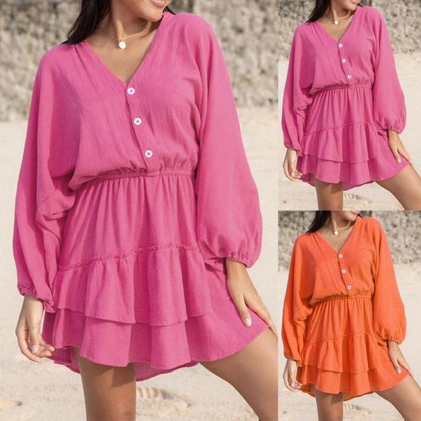 Robes décontractées 2023 col en V femmes grande robe à manches longues à la mode chauve-souris vacances