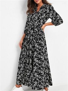 Casual jurken 2023 Vintage bloemenprint Maxi -jurk vrouwen boho driedelte kwart mouw lange draai kraag shirt gewaad neer