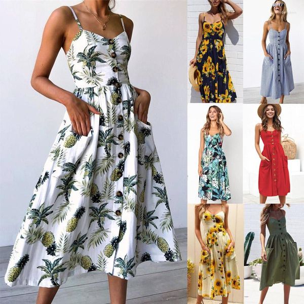 Robes décontractées 2023 Vintage imprimé fleuri Midi robe d'été femme bouton dos nu à pois rayé femmes robe été Boho Sexy plage