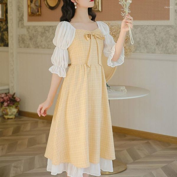 Vestidos casuales 2023 Vintage Kawaii Party Midi mujeres francés cuento de hadas Plaid amarillo Puff manga dulce lindo vestido de princesa verano