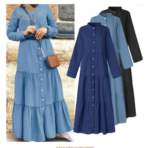 Robes décontractées 2023 Vintage printemps automne solide bleu Denim simple boutonnage longue robe S-5XL 50 s 60 s Rockabilly SR0195