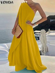 Robes décontractées 2023 VONDA Summer Femmes Robe longue Sexy Une épaule Bohemian Soirée Maxi Sundress Solide Couleur Beach Robes Robe
