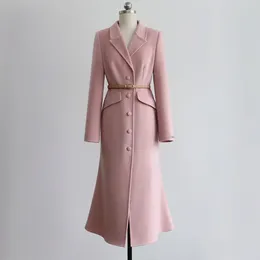 Casual jurken 2023 Winter Koreaanse drama hoofdrolspeelster Elegante Fishtail lange wollen dubbelzijdige fleecejas roze