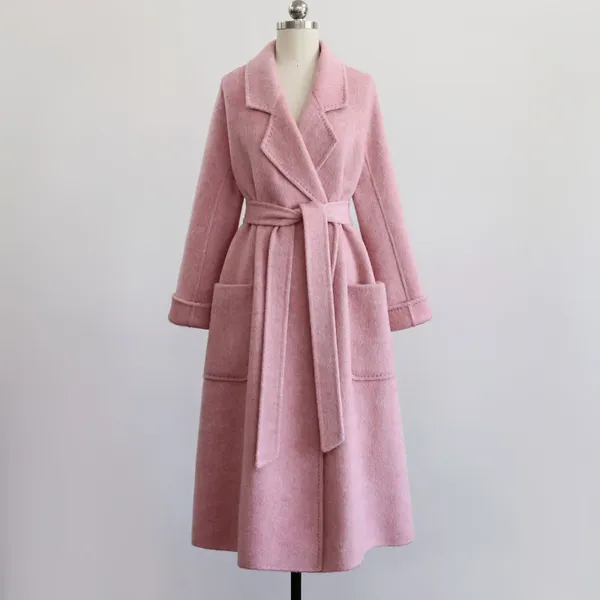 Robes décontractées 2023 hiver à lacets lâche doux rose doux double face laine longueur moyenne sur le manteau du genou