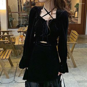 Casual jurken 2023 Winter Velvet Y2K MIDI -jurk Dames Zwart Vintage Gothic Long Sleeve Bandage Elegant 2 -delige set Koreaans