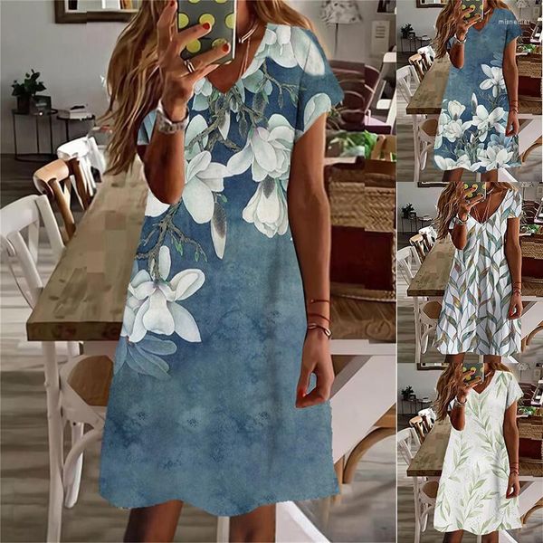 Robes décontractées 2023 Robe de droite pour femmes Printemps Été Col en V Jupe de mode Dames Bleu Manches courtes Imprimé floral Longueur au genou