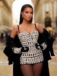 Robes décontractées 2023 Femmes Noir Sans manches Spaghetti Sangle Perles V Cou Bandage Été Moulante Party Club Celebrity Élégant Robe Sans Dos