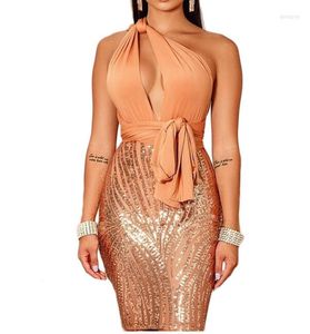 Robes décontractées 2023 Femmes Robe Été Sexy Mode Halter Enveloppé Poitrine Hanche Paillettes Lacé Dos Nu Fermeture À Glissière Mini Penci Fête