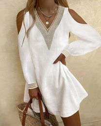 Robes décontractées 2023 femmes élégantes mode été robe blanche col en V Patchwork hors épaule Sexy à manches longues Mini fête tunicas