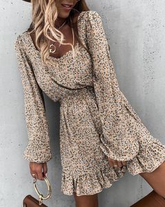 Casual jurken 2023 vrouwen mode elegante herfst vierkante nek lange mouw losse bloemenprint bloeier ruches skinny taille
