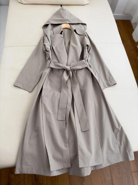 Vestidos casuales 2023 Mujeres Moda Manga larga Solapa Algodón Con capucha Cintura Trench Coat 0812