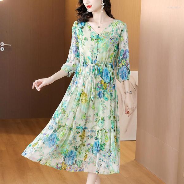 Vestidos casuales 2023 mujeres verde Floral seda volantes vestido largo verano Boho elegante vacaciones moda coreana cuello en V falda de noche