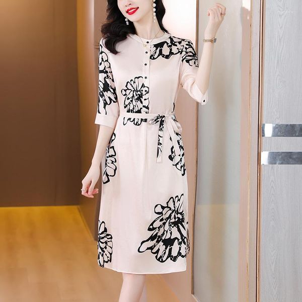 Robes décontractées 2023 femmes haute qualité mûrier soie encre impression à manches courtes robe mode coréenne été élégant fête