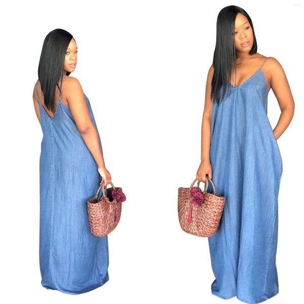 Vestidos casuales 2023 mujeres dama boho sin espalda señoras baggy denim jeans maxi vestido suelto sin tirantes vestidos s-xxxl