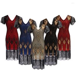 Robes décontractées 2023 Femmes Robe de soirée Robe Femmel Années 1920 Great Gatsby Flapper Sequin Fringe Midi Robe Automne Art Déco Rétro Noir