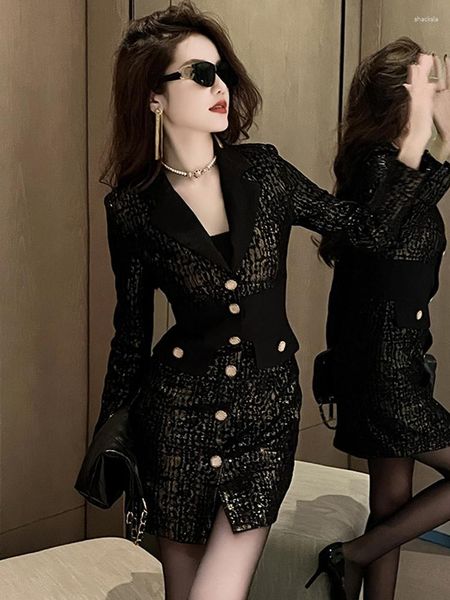 Robes décontractées 2023 Femmes Rétro Banlieue Élégant Costume Noir Robe Glitter Brillant Paillettes Dentelle Robe Moulante Bureau Party Robe Business