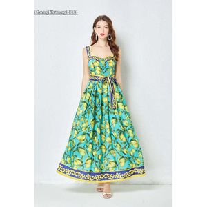 Robes décontractées 2023 Fashion de piste pour femmes robe maxi maxi Bohême imprimé citron lacet up ceinture haute taille vacances longue sangle spaghetti