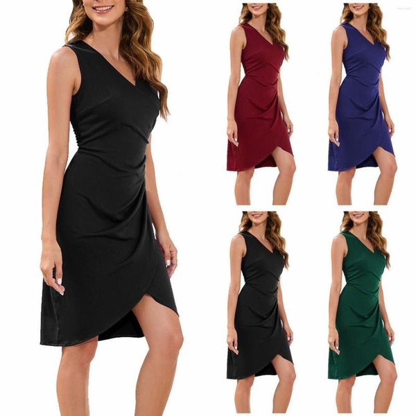Vestidos casuales 2023 Mujeres Sexy Cuello en V Sin mangas Faux Wrap Ruched Scabbard Bodycon Cocktail Party Work Dress