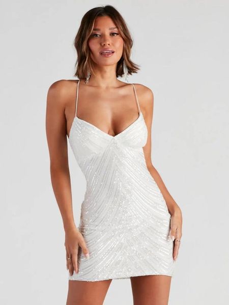 Robes décontractées 2023 Femmes Blanc Court Sparkly Prom Paillettes Spaghetti Col V Sans Manches Occasion Spéciale Robe Dos Nu Sexy Robe De Fête