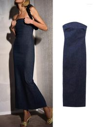 Casual Jurken 2023 Vrouwen Rechte Denim Lange Jurk Mode Mouw Off Shoulder Vintage Terug Rits Lente Causale Party