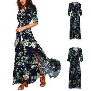 Casual jurken 2023 vrouwen zomer knop opgesplitst bloemen katoenen kwastjes flowy feest maxi lange jurk gewaad longue