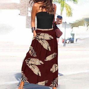 Casual Jurken 2023 Vrouwen Zomer Lange Jurk Off Shoulder Tube Top Beach Zoom Feather Print Mouwloze Overgooiers Strapless Gothic