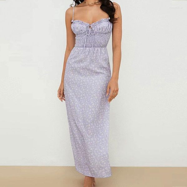 Robes décontractées 2023 femmes Y2K élégant imprimé Maxi Streetwear maigre sans manches fente mince violet clair robe florale avec bretelles Sexy