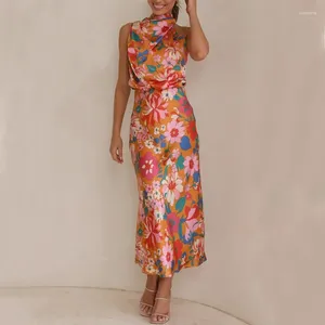 Vestidos casuales 2023 Moda para mujer y elegante estilo bohemio Sin mangas Cuello alto Halter Vendaje Naranja Estampado Cintura Vestido de satén