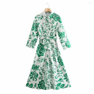 Robes décontractées 2023 ZaElegantWomen Vintage Midi Dress Chic Vert Floral Long Sleeve Sash A-LinePrint Shirt