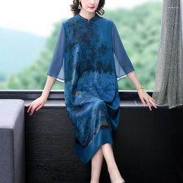 Robes décontractées 2023 été imprimé femmes haute qualité soie naturelle robe mi-longue coréen Vintage mode élégant taille ample fête