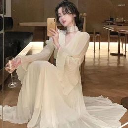 Robes décontractées 2023 ans élégant col en V robe midi bureau femmes manches longues boomsuit style coréen français rétro mousseline de soie