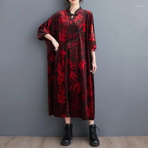 Robes décontractées 2024 Arrivée Col montant Imprimer Boucle Velours Vintage Style chinois Printemps Robe Street Fashion Femmes Automne
