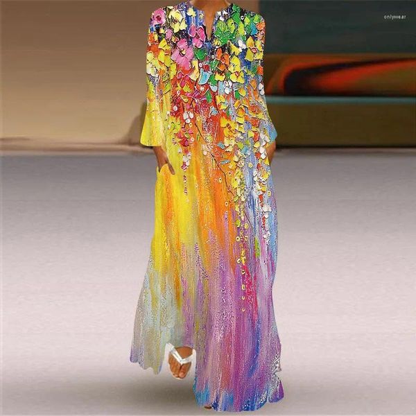 Vestidos informales 2024 Autumn Boho Beach Maxi para mujeres sueltas con bolsillo de color floral estampado de moda túnica de temperamento