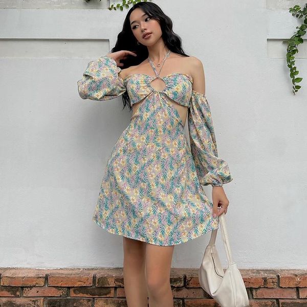 Vestidos informales 2024 Autumn Long-Sleved Floral Dress Floral Girl Girl Slim-Fit Slim Kisting Hollow Sexy Skirt