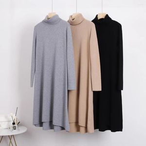 Vestidos casuales 2024 Otoño Invierno Negro Cashmere Turtleneck Punto Gris Vestido de mujer Moda Asimétrico Largo Suéter Caqui