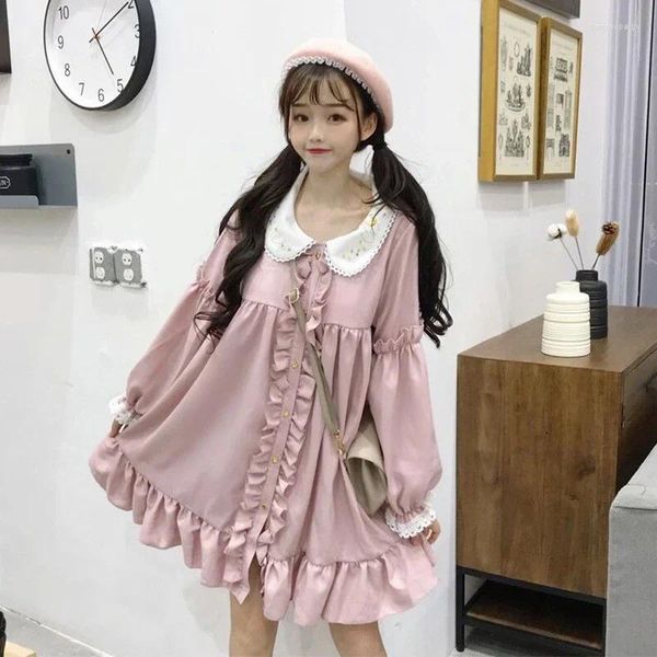 Robes décontractées 2024 Automne Hiver Robe Femmes Harajuku Rose Dames Volants Dentelle Patch Kawaii Lolita Cosplay Doux Lâche Robes Y2k