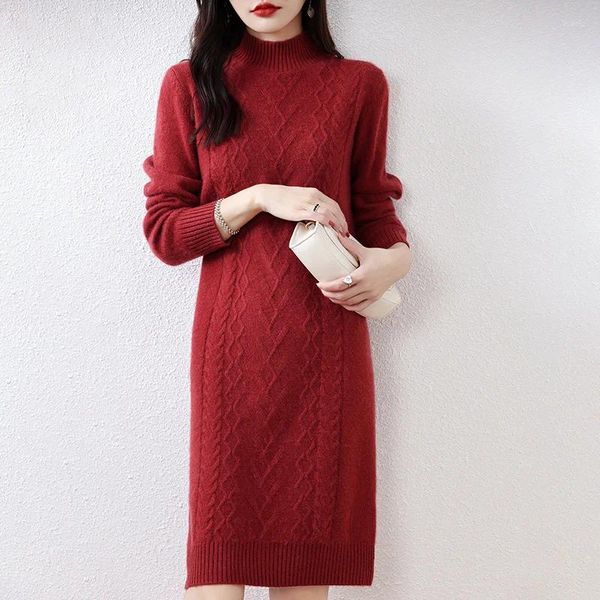 Vestidos informales 2024 Autumn/Winter Fashion's Long -Long -Longed Mid Longed Midding Color Medio Hool Pure Lool Sweater