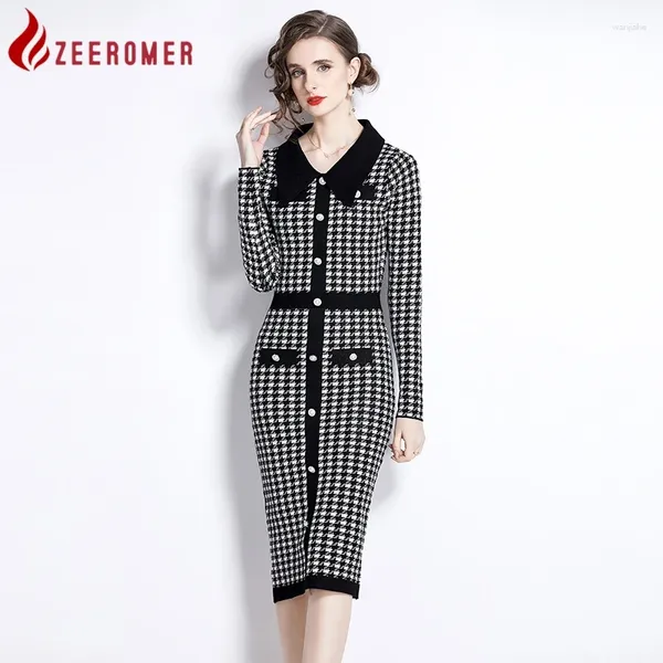 Robes décontractées 2024 Automne Hiver Français Vintage Houndstooth Plaid Robe tricotée Femmes Revers à manches longues à manches longues à poitrine unique Bodycon Party