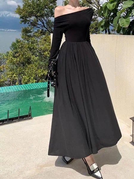 Vestidos casuales 2024 otoño invierno para mujeres francesas vintage negros de la cintura alta del hombro cuello de la manga larga elegante