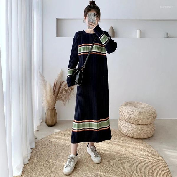 Robes décontractées 2024 Automne Hiver Rayé Pour Femmes Noir Tricoté Robe Pull Coréen Midi Longue Robes Lâche Femme
