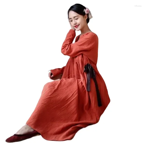 Robes décontractées 2024 AUTUME FEMMES COTTON LIGNE VINTAGE Robe vintage confortable Solide long long Maxi Plus Vestidos M-5xl 6xl