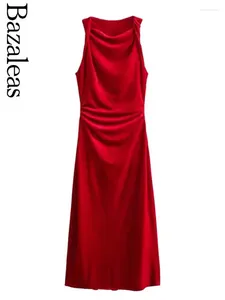 Robes décontractées 2024 Bazaleas Store printemps Elegant Red Velvet For Women Clothing Officiel Rucched Midi Sex Slim