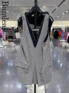 Robes décontractées 2024 Bazaleas Store Printemps V Cou Sans Manches Mini Gilet Officiel Robe Femme Sexy Tartan Motif Fête