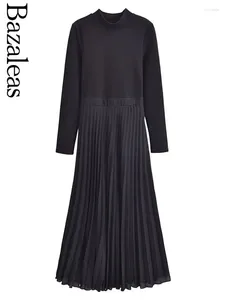 Casual jurken 2024 Bazaleas Store Spring zwart gebreide vrouwen geplooide jurk officiële lange mouw elegante midi