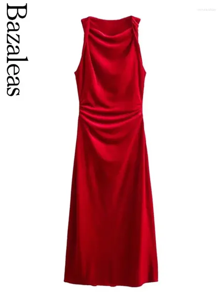 Robes décontractées 2024 Bazaleas Store printemps Elegant Red Velvet For Women Clothing Officiel Rucched Midi Sex Slim